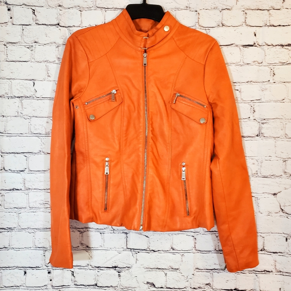 JouJou Womens Faux Leather Jacket Large Moto Orange Vegan Biker